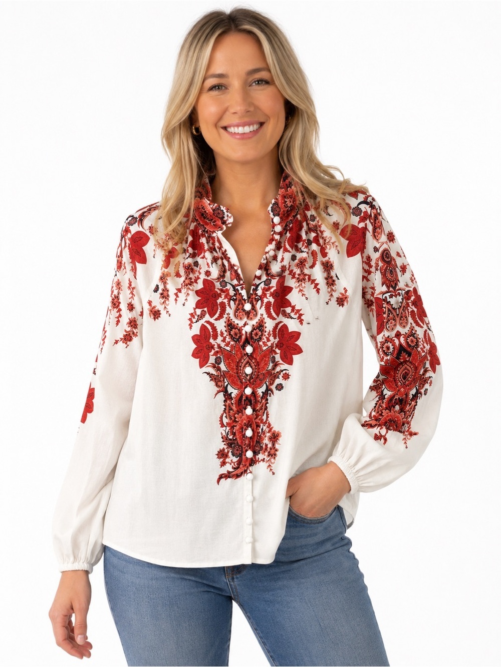 Soft Surroundings Cream Blouse with Red Floral Embroidery
